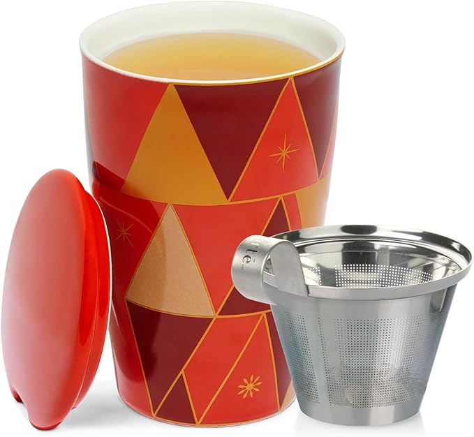 Tea Forte Double-Walled Ceramic Kati Cup, Removable Stainless Steel Infuser Basket and Lid, Steeps 12 oz Loose Leaf Tea, Dishwasher & Microwave Safe, Warming Joy - Bloomnest