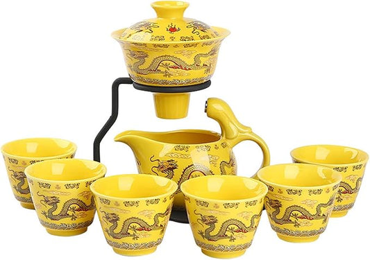 Chinese Gongfu Tea Gift Set, Semi Automatic Drip Rotating with Infuser Handmade Ceramics Tea Pot 6 Cups Yellow Dragon