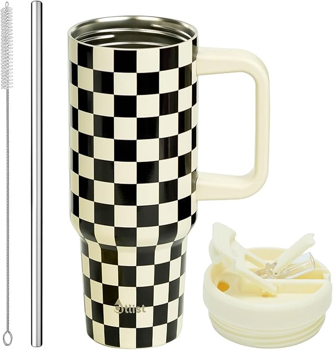 ProTour 100% Leakproof 40 oz Tumbler with Handle & 4-in-1 SipSwig Lid | Built-In Flip Straw & External Stainless Steel Straw | Insulated Stainless Steel Cup | BPA-Free | Black & White Checkered - Bloomnest