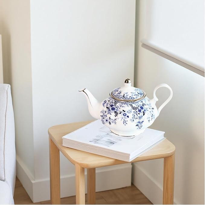 22oz Floral Ceramic Teapot – Vintage Gold Rim Porcelain Tea Pot for Loose Leaf, Blooming Tea & Coffee, Elegant Decorative Teapot for Tea Party, Flower Design (China Flower)