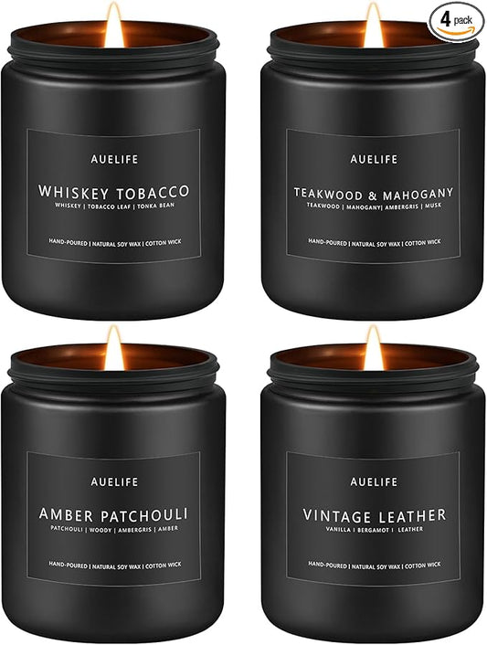 Scented Candles Set | Gifts for Men - 4Pack Masculine Candle, Soy Candles for Home Scented, Aromatherapy Gift for Dad Fathers Day, Home Fragrance of Whiskey Tobacco/Mahogany/Amber Patchouli/Leather - Bloomnest
