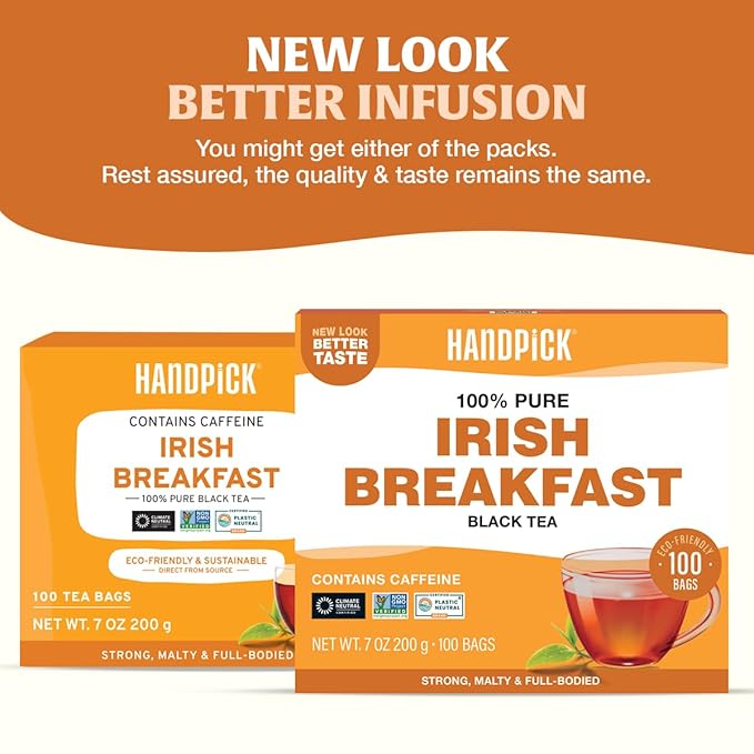 HANDPICK, Irish Breakfast Black Tea Bags (100 Count) Gluten-Free, Non-GMO | Strong, Robust & Bold Flavor | Round Eco-Conscious Tea Bags - Bloomnest