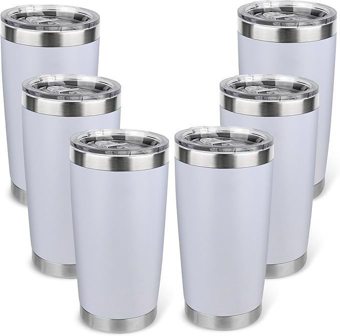 20oz Stainless Steel Tumbler Bulk with Lid, Travel Mug - Double Wall Vacuum Powder Coated Cup - White, 6 Pack - Bloomnest