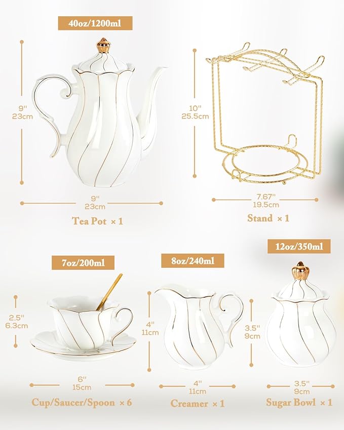 DUJUST 22 pcs White Porcelain Tea Set for 6, Luxury British Style Tea/Coffee Cup Set with Golden Trim, Beautiful Tea Set for Women, Tea Party Set, Gift Package (With a Stand) - Bloomnest