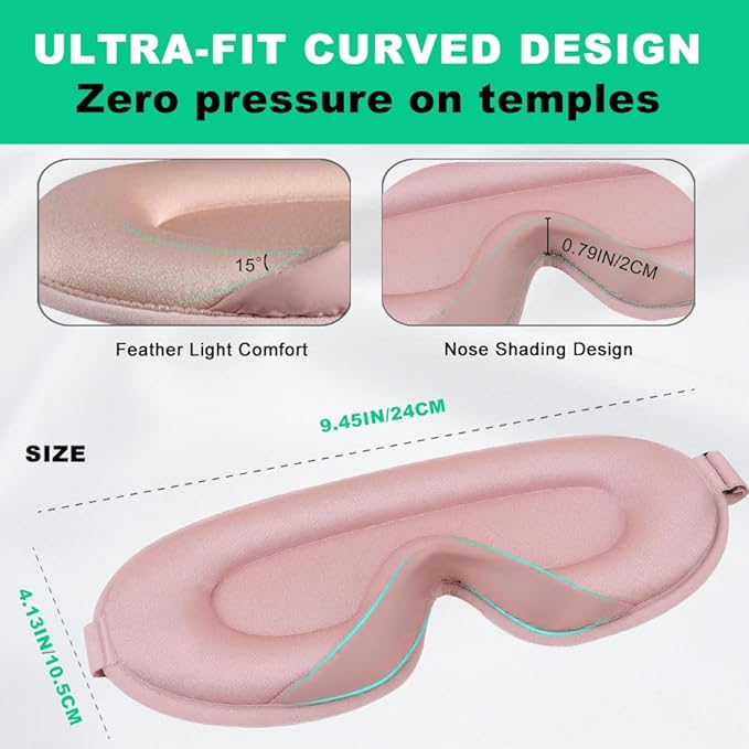 3D Sleep Mask for Side Sleepers, Blackout & Zero Pressure - Breathable Memory Foam, Adjustable Strap - for Travel, Yoga & Meditation Pink - Bloomnest