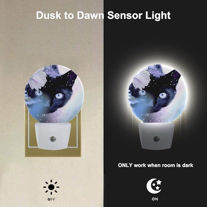 EKOBLA Kitten Animal LED Night Light Black Cat Hiding Behind White Flowers Dusk to Dawn Plug-in Nightlights Auto Sensor for Home Indoor Bathroom Hallway Kitchen - Bloomnest
