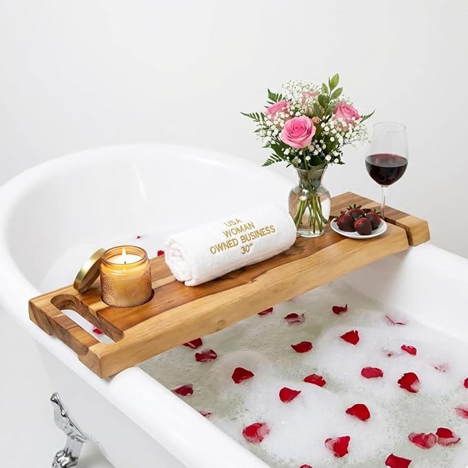 EcoDecors Eleganto 30" Live Edge Solid Teak Bath Caddy Tray with Handle, Book & Tablet Holder, Wine Glass Holders, Luxury Bathtub Tray - Bloomnest