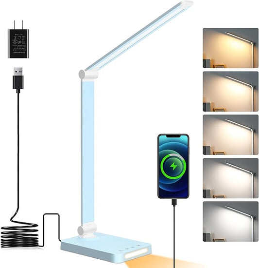 LED Desk Lamp with USB Ports,Touch Desk Lamps for Home Office with 5 Color Modes,3 Brightness Desk Light with Small Night Light,Reading Lamp Table Lamp for Bedroom Bedside Study Blue （with adapter） - Bloomnest