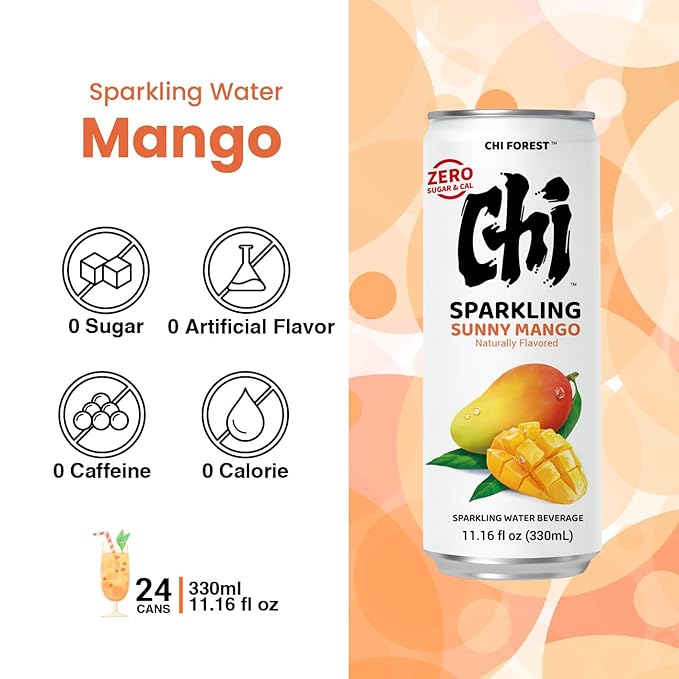 CHI FOREST Mango Sparkling Water Beverage, Zero Sugar Drinks, Zero Artificial Flavor, 11.16 fl oz Cans (Pack of 24) - Bloomnest