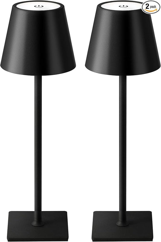 KDG 2 Pack Cordless Table Lamp, Portable LED Desk Lamps, 5000mAh Battery Operated, 3 Color Stepless Dimming Up, for Restaurant, Bedroom, Outdoor Camping, Coffee Shop, Night Light, Rechargeable (Black) - Bloomnest