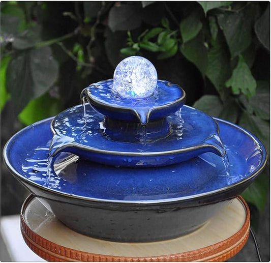 Ceramic Tabletop Fountain, Blue, Fountain with Ball for Indoor Decor, Size 11.8 x 11.8 x 7.8 inch, Material Ceramic, Includes Water Pump and 6 foot Long Power Cord - Bloomnest