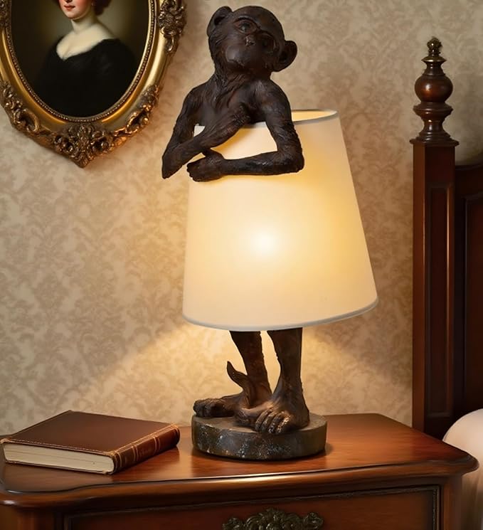 Crestview Collection Monkey Table Lamp – Bronze Resin Animal Lamp, Retro Rustic Art Deco Farmhouse Desk Lamp with Linen Shade for Bedroom, Living Room, Bedside, Nightstand or Small Space - Bloomnest