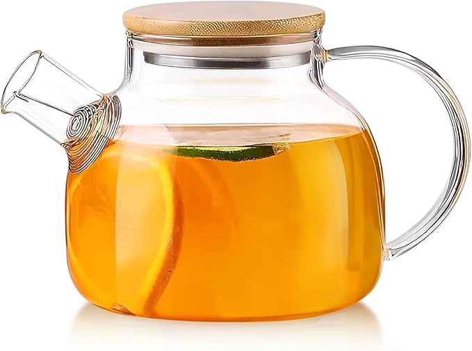 Glass Tea Pot Kettles Stovetop Safe, 33.8oz/1000ml Heatproof Borosilicate Glass Teapot Water Pitcher With Bamboo Lid and Removable Filter Spout for Loose Leaf and Blooming Tea - Bloomnest