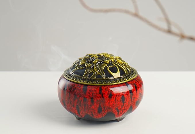 Incense Burner with Calabash Incense Stick Holder - Porcelain Charcoal Censer for Use with Resin Granular Powder Cone or Coil Incense (Kiln-Colored Red) - Bloomnest