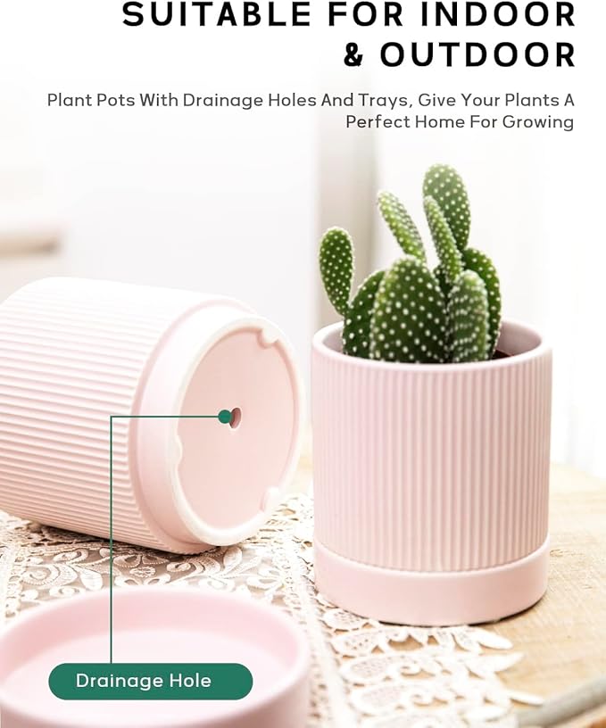 LaDoVita 3 Pack Ceramic Plant Pots 6/5/4 inch, Flowerpot for Indoor Plants with Drainage Holes and Tray, Outdoor Garden Planters, Modern Decorative for Home, Pink Vertical Stripes - Bloomnest
