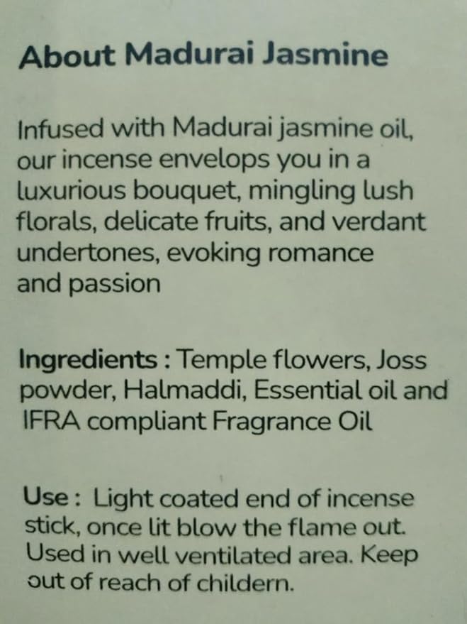 Madurai Jasmine Incense Sticks Exotic - Sensual Aroma (80 Sticks) Charcoal Free Incense, Made from Upcycled Flowers | Rich Decadent from Green, Fruity Yet Creamy Floral | Kama or Love Incense Sticks