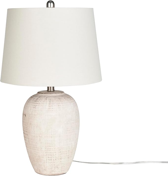 Nourison Home 23" Distressed Cream/Beige Rustic Ceramic Jar Table Lamp for Bedroom, Living Room, Dining Office, with Ivory Shade - Bloomnest