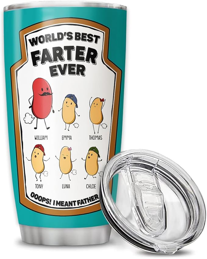World’s Best Farter Ever Tumbler, 20oz or 30oz Personalized Insulated Stainless Steel Mug, Funny Gift for Dad from Kids, Custom Cartoon Beans with Names, Father’s Day Joke Travel Cup - Bloomnest