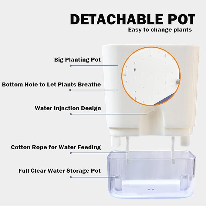 Planterhoma Self Watering Plant Pots for Indoor Plants 7 inch, 4 Packs Rectangle Self-Watering Planters with Drainage Hole, White African Violet Pots for Devil's Ivy, Spider Plant, Orchid, Herb - Bloomnest