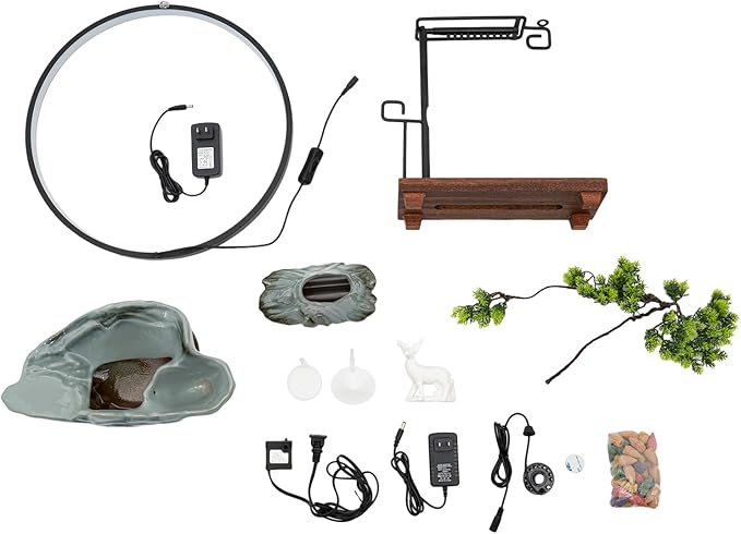 Waterfall Fountain with LED Light, Desktop Water Fountain with Mist Maker & Backflow Incense Burner, Green Ceramic Base with White Deer, Zen Indoor Fountain Decor for Home Office Desk