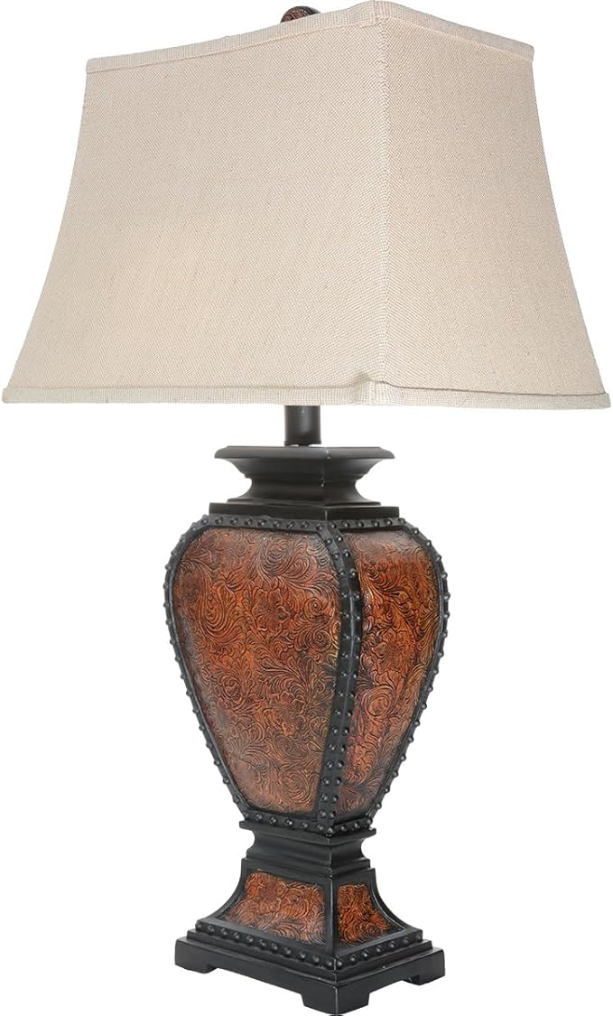 BLACK FOREST DECOR Western Tooled Leather Table Lamp - Rustic Faux Leather Shade for Cabin Decor - Bloomnest