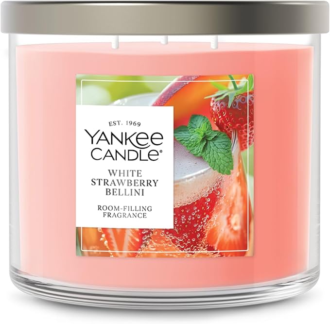 Yankee Candle White Strawberry Bellini, Scented Candle, 14.5oz 3-Wick Candle Jar with up to 40 Hours Burn Time, Giftable - Bloomnest