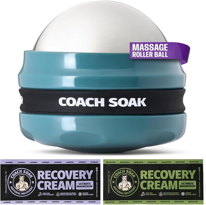 Coach Soak Massage Roller Ball – Dual Hot & Cold Stainless Steel CryoBall with Silicone Control Grip, Handheld Recovery Roller Glides Easily for Deep Tissue Massage – 2X Magnesium Cream Included - Bloomnest