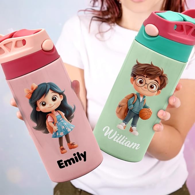 callie Personalized Insulated Kids Water Bottle with Cartoon Character, Custom 12 oz Leak Proof Lid Stainless Steel Cups with Straw, Gifts for Boys Girls - Bloomnest