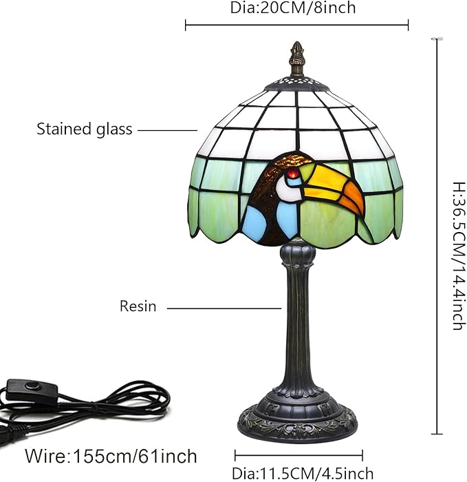 Tiffany lamp 8 inch stained glass lamp European retro black toucan warm color reading bedside lamp suitable for bedrooms dormitories studies antique home decoration art handicrafts (green and white) - Bloomnest