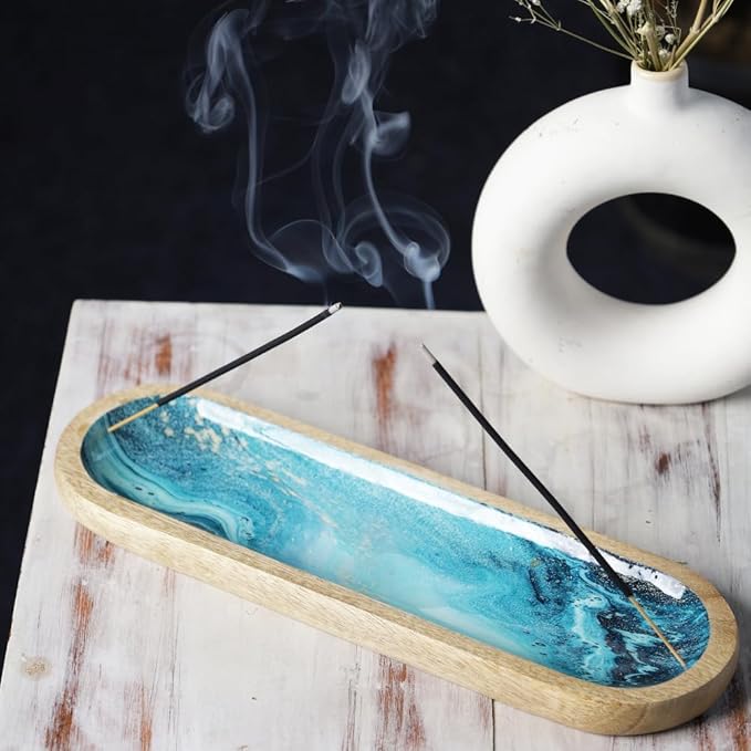 The Art Box Hand-Painted Incense Burner Holder Ocean Blue - 12x4x1 inch Wooden Long Incense Stick Tray Holder for Modern Gift, Ash Catcher Incense Stick Holder - Meditation & Yoga - Bloomnest