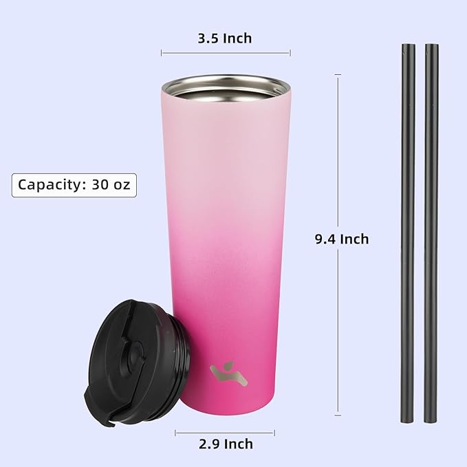 30 OZ Insulated Tumbler with Lid and 2 Straws Stainless Steel Water Bottle Vacuum Travel Mug Coffee Cup,Cherry - Bloomnest