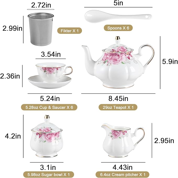 Sweejar Porcelain Tea Sets, Vintage British Floral Relief Gold Rimmed Teapot Cup and Saucer Set, Tea Set Service for 6, with Teapot, Sugar Bowl, Milk Jug, Spoons, Tea Cup and Saucer (Camellia) - Bloomnest