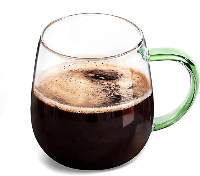 Clear Glass Mug With Green Handle, 16 oz, High Borosilicate Large Coffee Mug for Drinking or as a Gift - Bloomnest