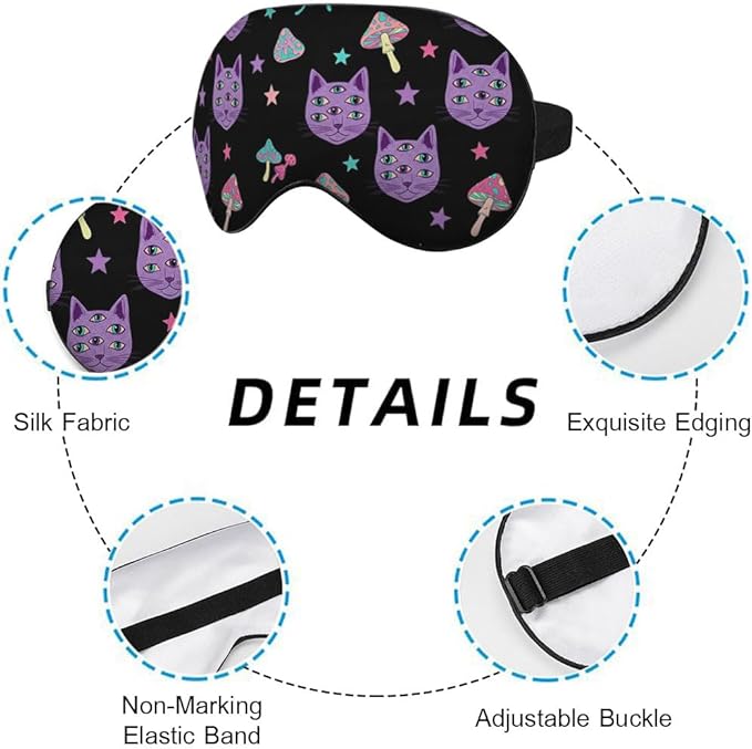 Cat Mushrooms Silk Eye Mask Sleep Mask Bright Psychedelic Cat Halloween Black Eye Mask with Adjustable Strap Lightweight for Women Work Travel Night Sleep - Bloomnest