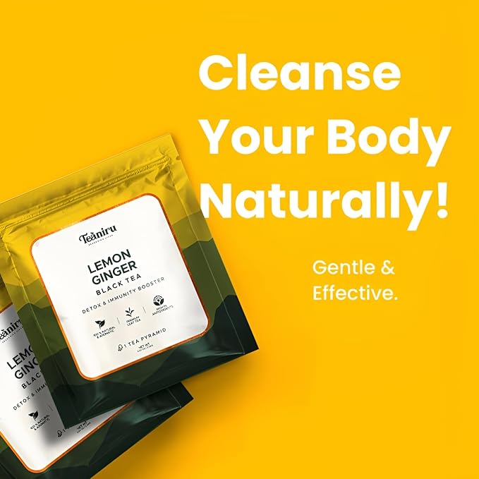 Teaniru, Lemon Ginger Black Tea - 100 Pyramid Tea Bags in Individual Sachets | Detox Tea - Medium Caffeine | 100% Natural Ingredients, Pure Leaf Tea - Brew Hot or Cold - Bloomnest