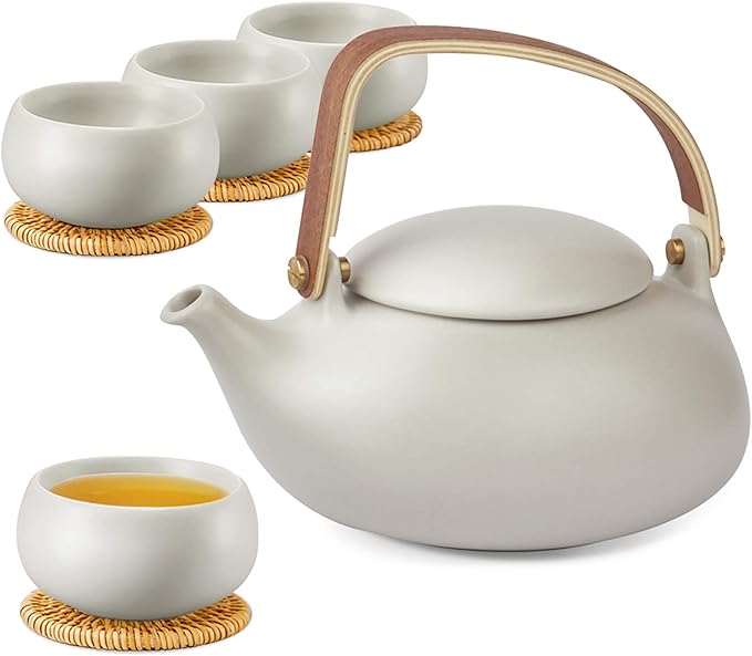 ZENS Vintage Japanese Tea Set, 27oz Ceramic Japanese Teapot with Infuser, Wood Handle Matte Gray Teapot with Strainers and 4 Cups for Tea Party, Women's Gift - Bloomnest