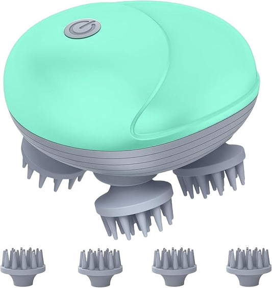Electric Scalp Massager for Men Women, Handheld Cat Dog Pet Head Massager with 4 Massage Heads, 3 Speeds, Waterproof, for Hair Growth, Soothing Muscles Joints, Stress Relax(Green) Bloomnest