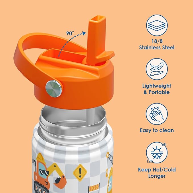 SANDJEST Kid Water Bottle 12oz with Straw Lid - 2-Pack Insulated Stainless Steel Water Bottles for Kids Girls - Travel Cup for School Sports, Construction & Dinosaur - Bloomnest