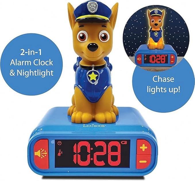 LEXiBOOK - Paw Patrol Chase Digital Alarm Clock with Night Light - Snooze Function - Dog Sound Effects - for Children/Kids - Luminous Clock with Chase, Blue/Red - RL800PA - Bloomnest