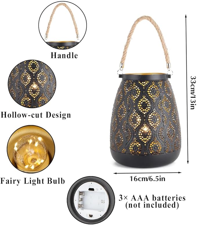 TRIROCKS Moroccan Style Metal Lamp 8''H Battery Operated Cordless Table Lamp Vintage Lantern for Living Room Garden Yard Patio Parties Event Indoors Outdoors (Black with Gold Brush) - Bloomnest