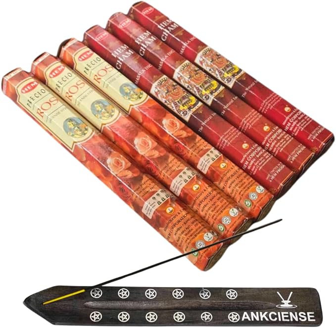 Sandalwood & Vanilla Incense from Hem Bundled with ANKCIENSE Incense Holder Bundle, Variety Pack of 120 Sticks (Precious Rose & Champa) ANKCIENSE