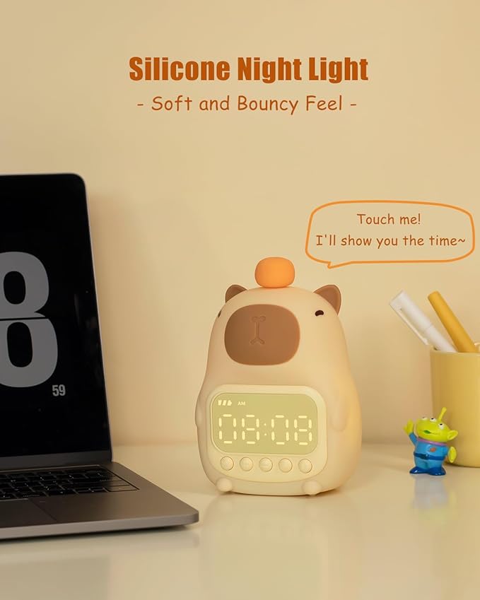 Capybara Alarm Clock with Night Light for Kids, Cute Toddler Alarm Clocks for Bedrooms Ok to Wake Clocks for Girls and Boys, Rechargeable Silicone Animal Tabletop Lamp for Kid - Bloomnest