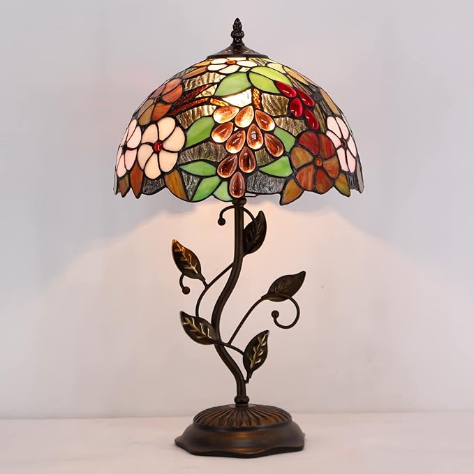 Tiffany Lamp Purple Grape Style Stained Glass Table Lamp Desk Bedside Reading Light 12X12X19 Inches with Metal Leaf Base Decor Bedroom Living Room - Bloomnest