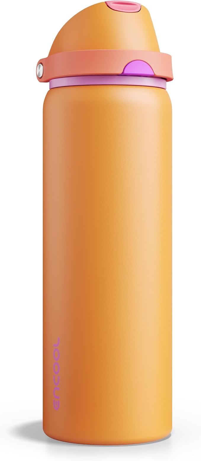 Insulated Water Bottle with Straw - Encool Stainless Steel Water Bottle with Push Button Lid, Leak-Proof & BPA-Free, Keeps Cold for 24 Hours for Sports, Travel, Gym (32 oz, Tiger Eye) ENCOOL