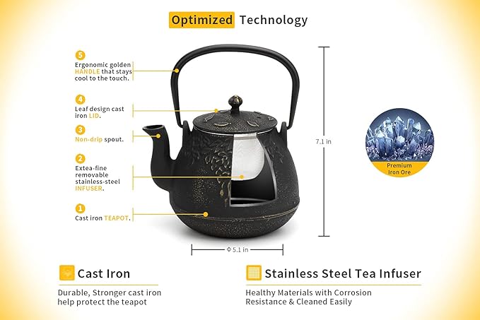 Tea Kettle, TOPTIER Japanese Cast Iron Tea Pot for Stove Top, Cast Iron Teapot Humidifier for Wood Stove, Leaf Design Tea Kettle Coated with Enameled Interior for 32 Ounce (950 ml), Black - Bloomnest