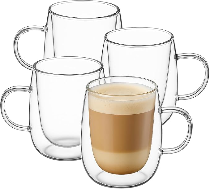 Glass Coffee Cups Set of 4, 13oz Double Walled Glass Mugs with Handles, Clear Insulated Coffee Mug Espresso Cups, Cappuccino Latte Tea Cups Set, Heat Resistant Borosilicate Clear Glasses - Bloomnest