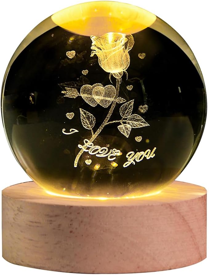 3D Rose Crystal Ball with LED Stand, Rose Figurine in Glass Sphere Lamp Night Light, I Love You Decor Gifts for Women Girls Mom Kids - Bloomnest