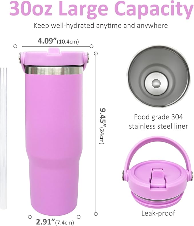 30 oz Tumbler with Top Handle, Double Wall Vacuum Insulated Tumbler with Flip Straw, Travel Coffee Mug 30oz Powder Coated Cup for Laser Engraving (Purple,1 pack)