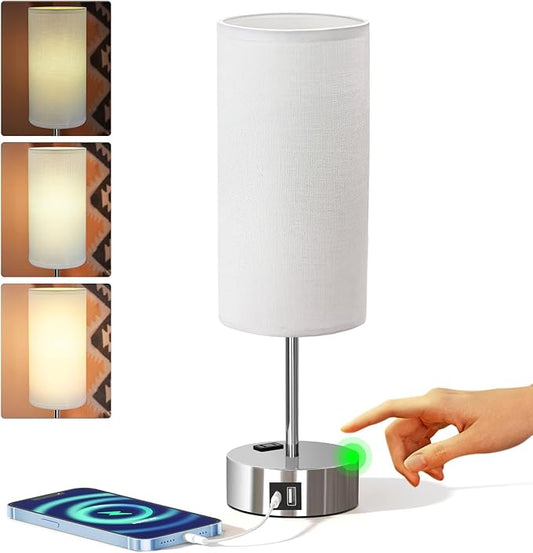 KPQ Small Bedside Lamp Touch Control Table Lamp with USB A+C Charging Ports & AC Outlet 3-Way Dimmable Nightstand Lamp with Linen Fabric Shade for Bedroom Living Room - Bloomnest