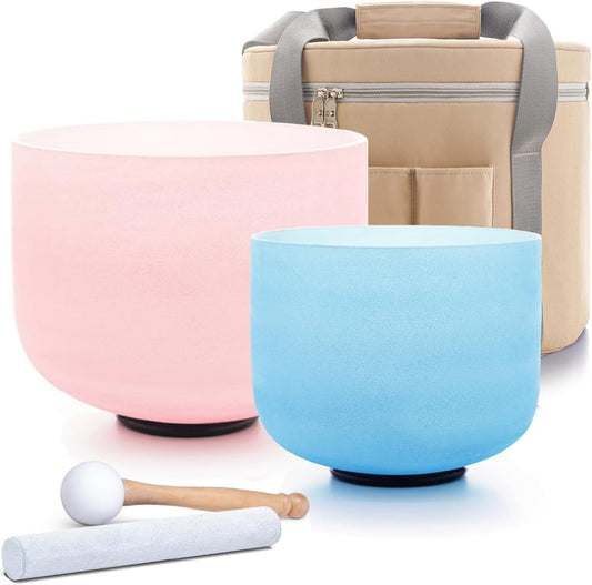 Hye-eun Color Crystal Singing Bowl Set of 2 PCS 8-10inch 432 Hz 8"G Blue 10"C Pink Sound Meditation Mutual Attraction Chakra Bowls with Carry Case for Yoga Sound Healing Energy Vibration